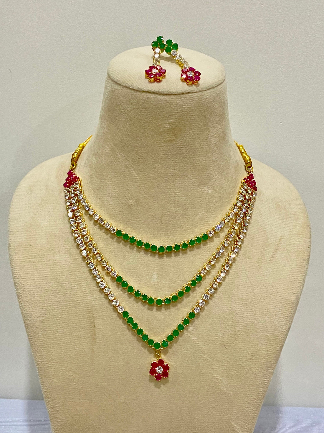 22K Gold Plated Ruby & Emerald CZ Necklace Earrings Set | Layered Big Stone Bridal Tennis Jewelry | Gift For Her | Indian Bridal Jewelry — 3
