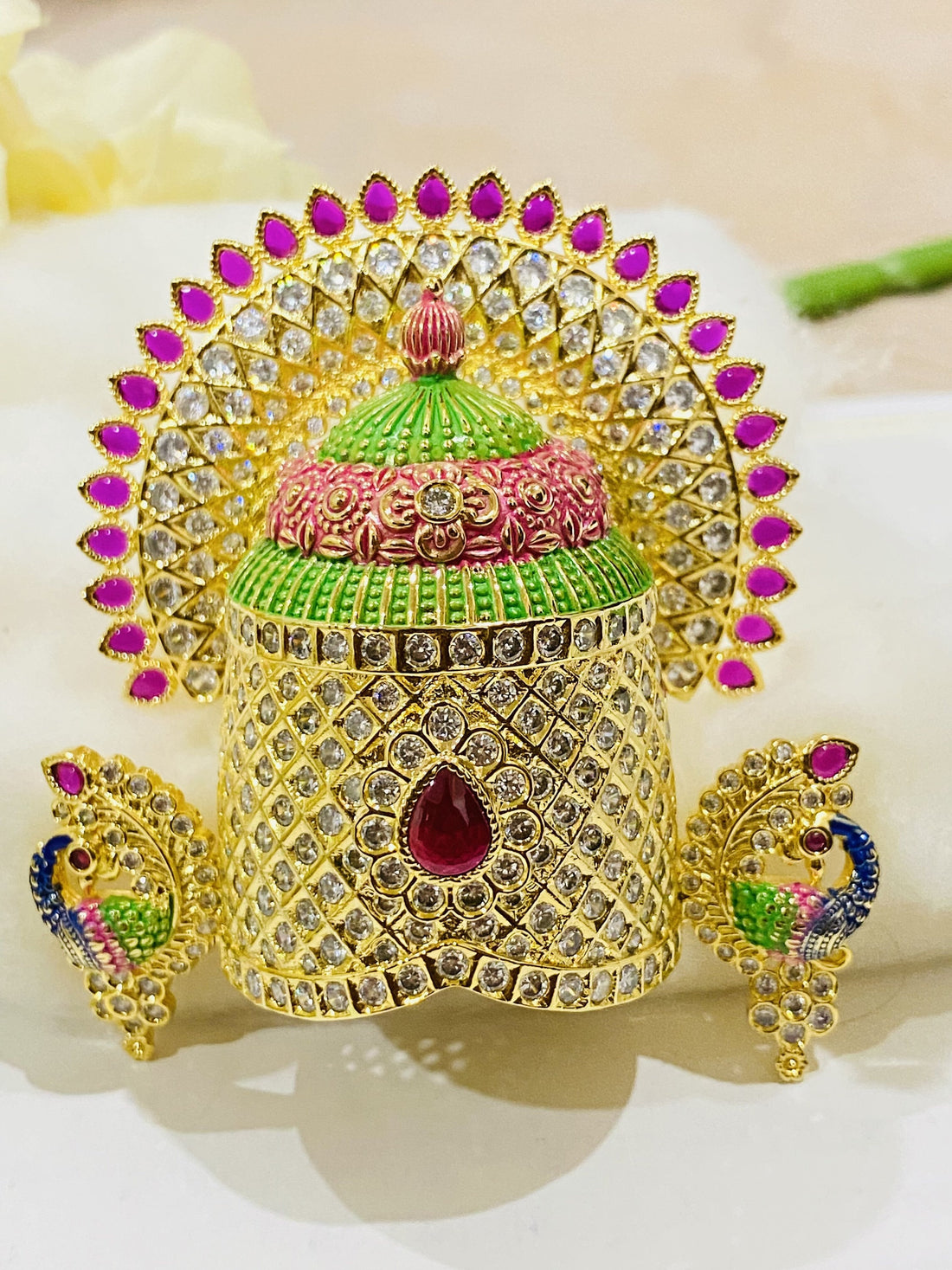 22k Gold Plated Tirupati Balaji Crown: Ruby & Solitaire Stone Work Mukut |  Lord Venkateshwara crown | Puja Room Blessings of Prosperity — 2