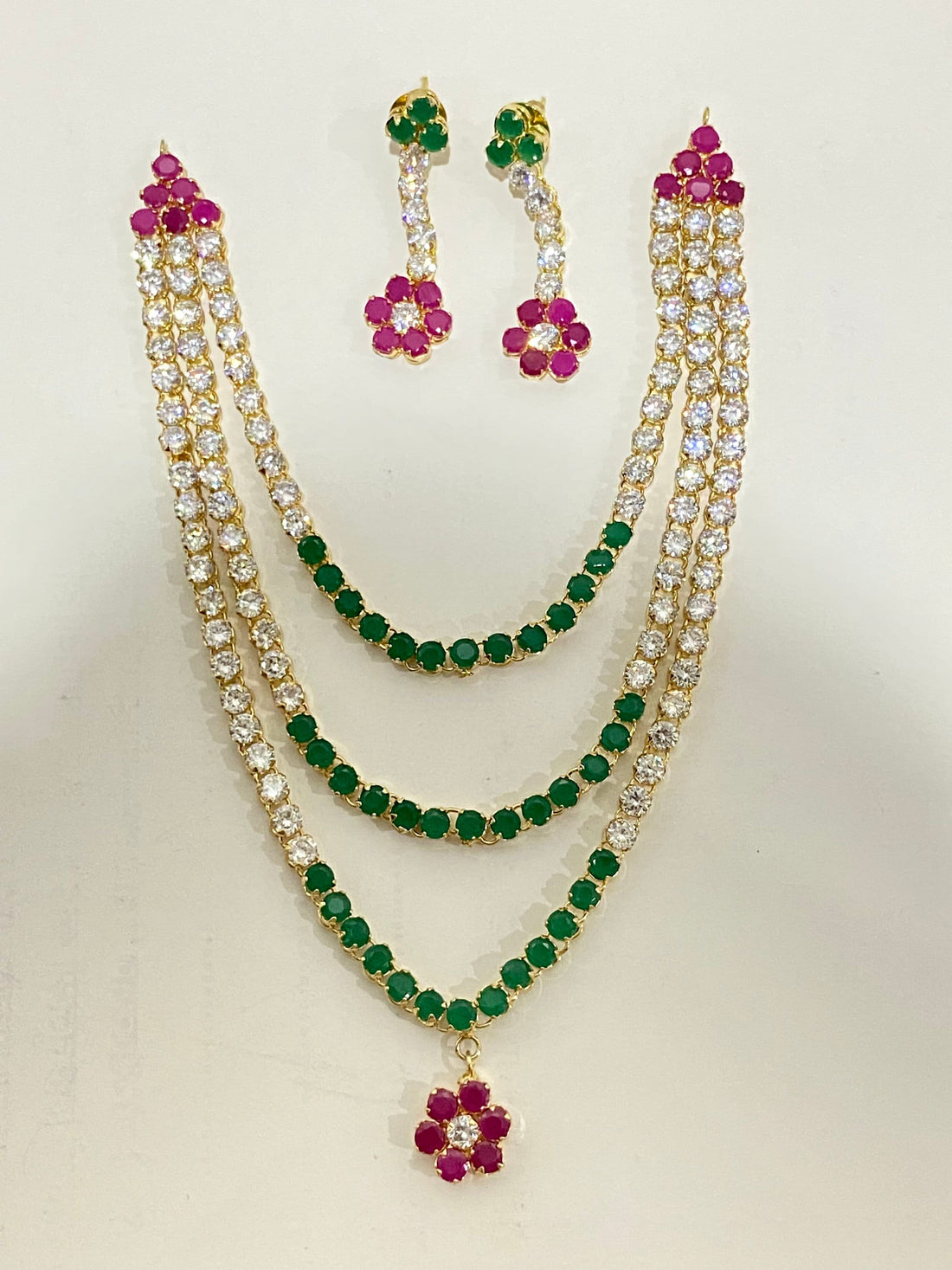 22K Gold Plated Ruby & Emerald CZ Necklace Earrings Set | Layered Big Stone Bridal Tennis Jewelry | Gift For Her | Indian Bridal Jewelry — 5