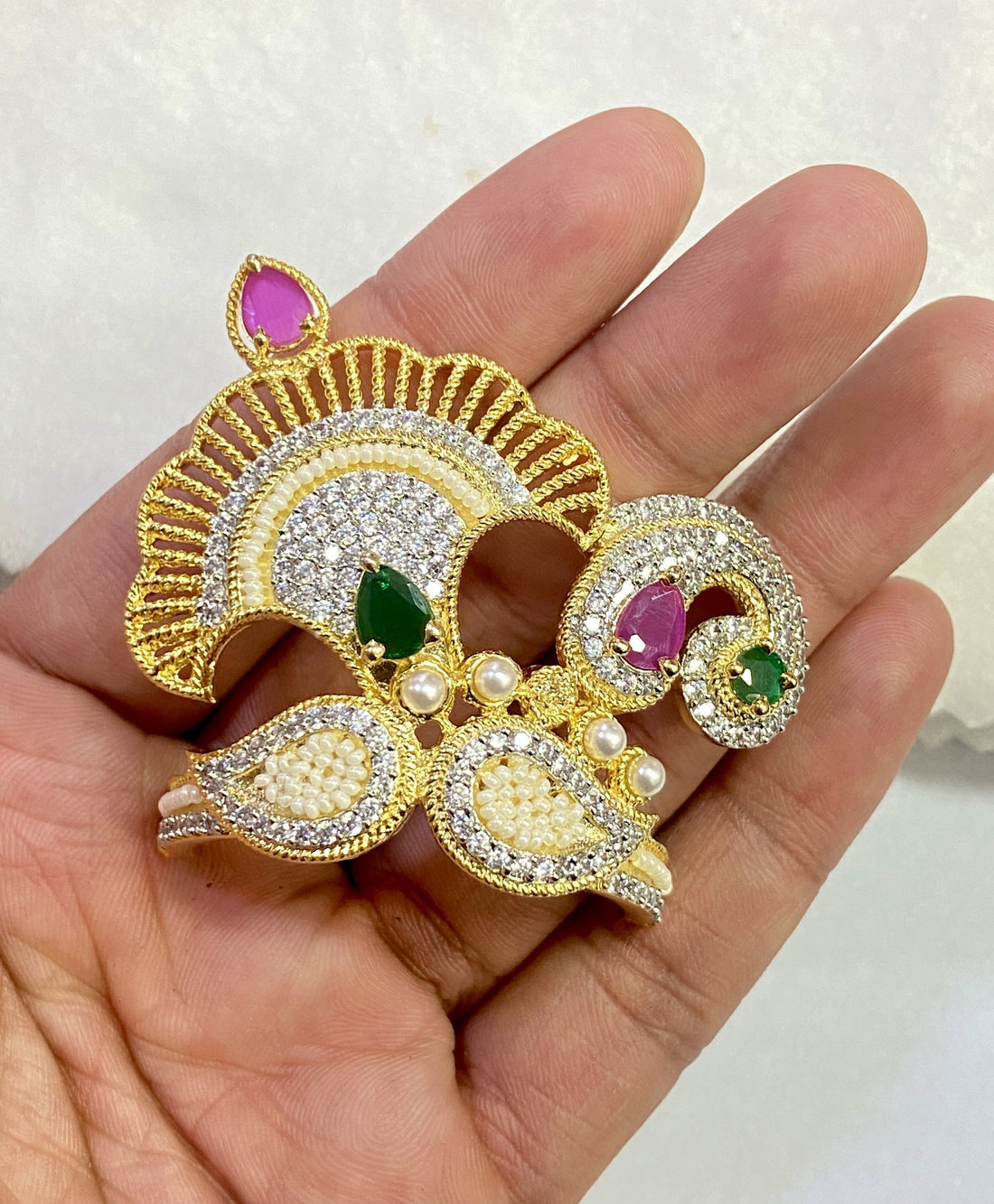Handmade Krishna Mukut Gold Plated | Crown For laddu gopal | krishna Adjustable size Multicolour color Stone Crown | Hindu Deity Accessory — 6