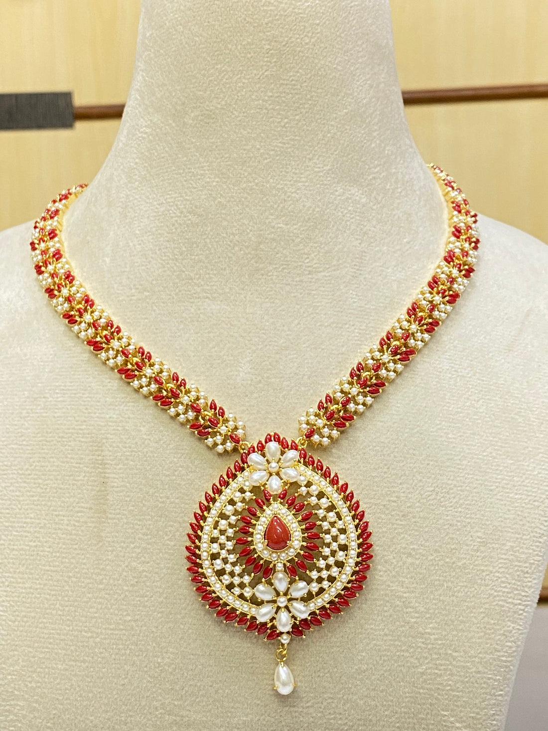 Coral and Pearl Long Necklace Set | Gold Plated Indian Jewelry | Wedding Jewelry Set | Traditional Bridal Jewelry Gift — 5