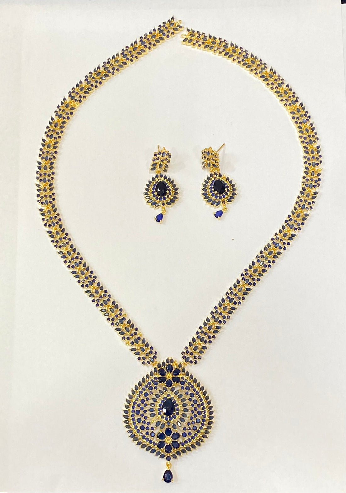 Gold Plated Blue Sapphire Long Necklace Jewelry, South Indian long Blue Haram Set — 2
