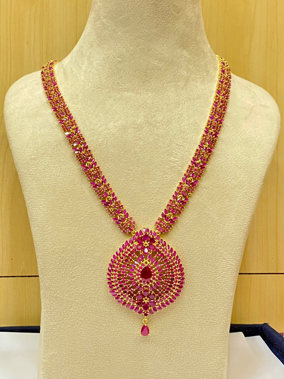 Handmade Wedding Ruby Long Necklace: 22k Gold Plated South Indian Gemstone Haaram with Earrings — 3