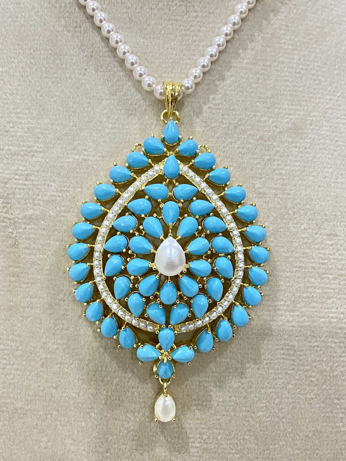 Handcrafted Turquoise & Pearl Pendant Jewelry: 22k Gold Plated Pendant Earrings — 2