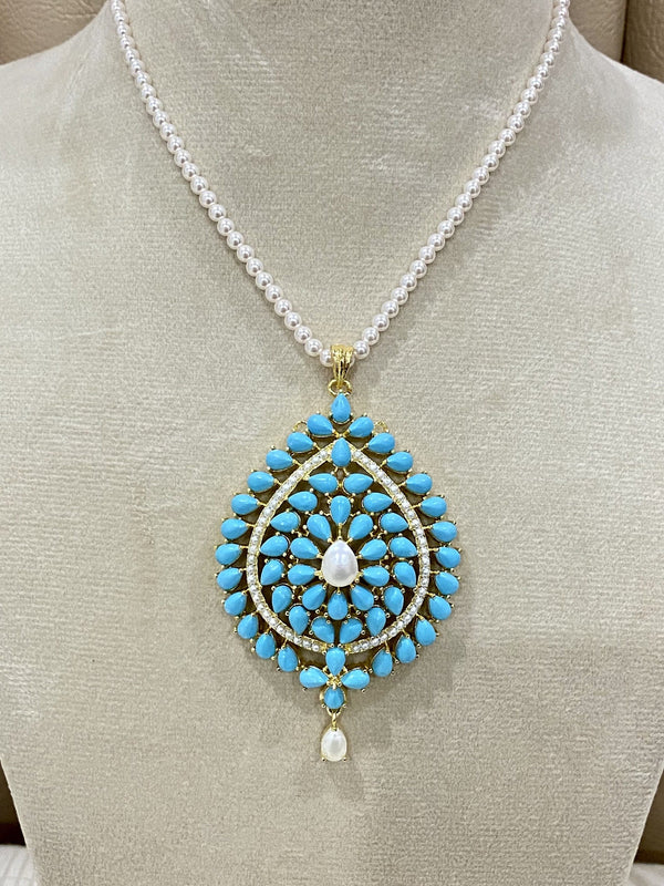 Handcrafted Turquoise & Pearl Pendant Jewelry: 22k Gold Plated Pendant Earrings