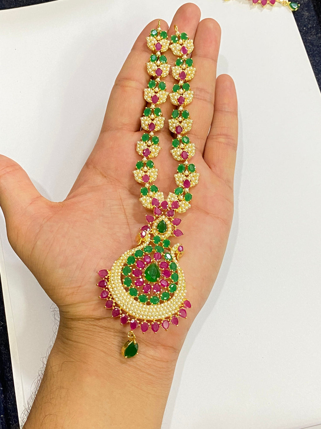 Gold Plated Ruby Emerald Pearl Necklace Set | South Indian Bridal Jewelry — 4
