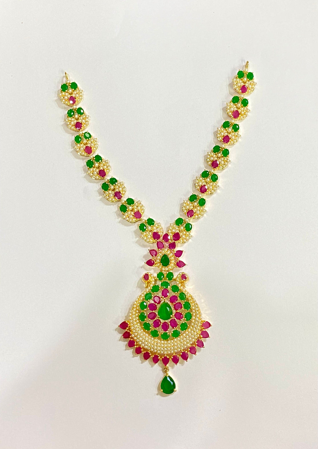 Gold Plated Ruby Emerald Pearl Necklace Set | South Indian Bridal Jewelry — 6
