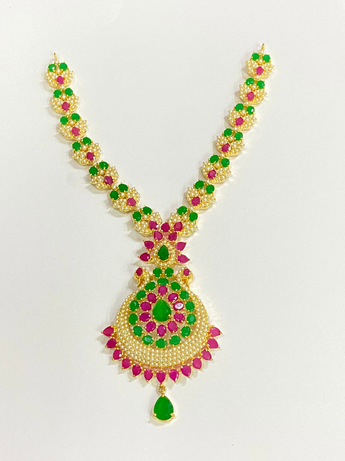 Gold Plated Ruby Emerald Pearl Necklace Set | South Indian Bridal Jewelry — 7
