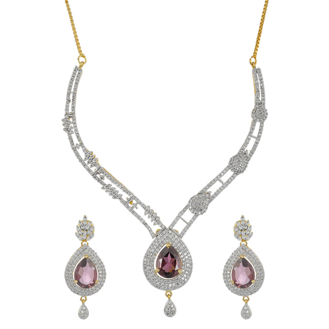 22K Gold Plated Tourmaline Necklace Set | Indian CZ Gemstone Necklace with Earrings | Bridal Wedding Jewelry | Traditional Gift for Her