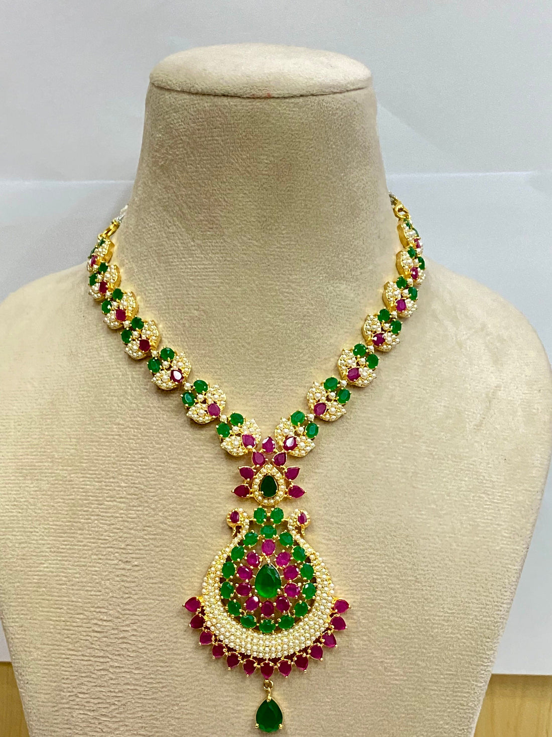 Gold Plated Ruby Emerald Pearl Necklace Set | South Indian Bridal Jewelry — 5