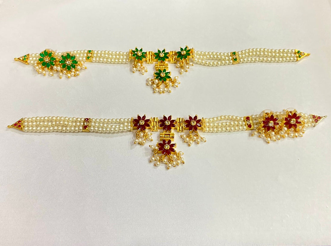 22K Gold Plated Ruby Pearl Choker Set | Handmade Indian Bridal Jewelry | Wedding Party Wear | Gift for Women — 5