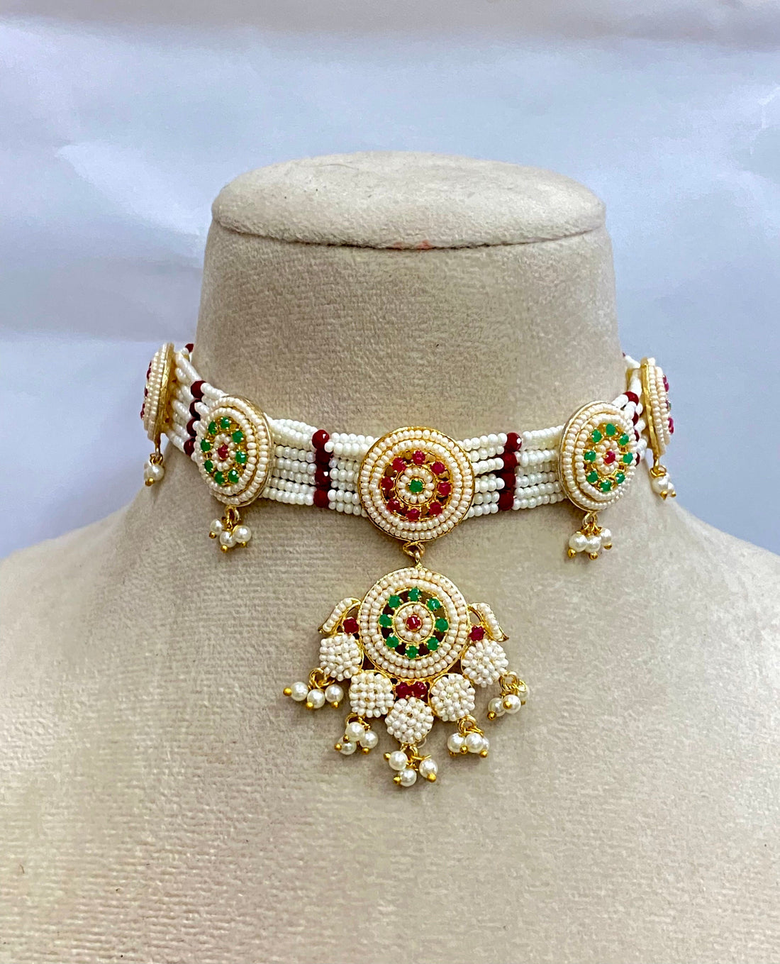 Premium Pearl Indian Wedding Choker Necklace Set | Heavy Designer Bridal Ethnic Jewelry | Handmade Statement Necklace | Gift For Her — 6
