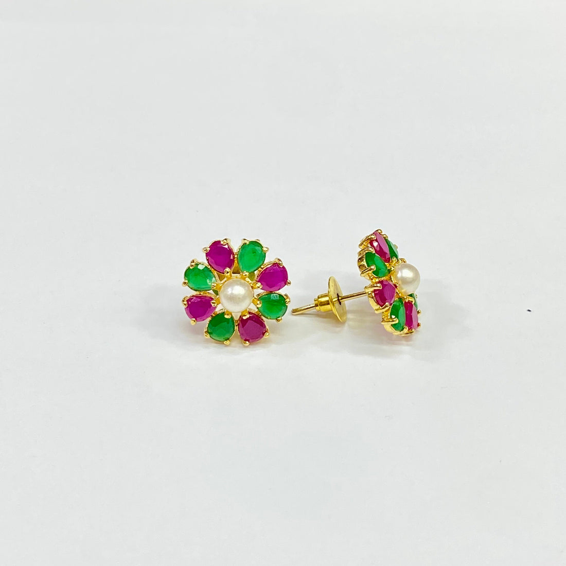 22k Gold Plated Floral Stud Earrings: Ruby, Emerald, Coral, Pearl