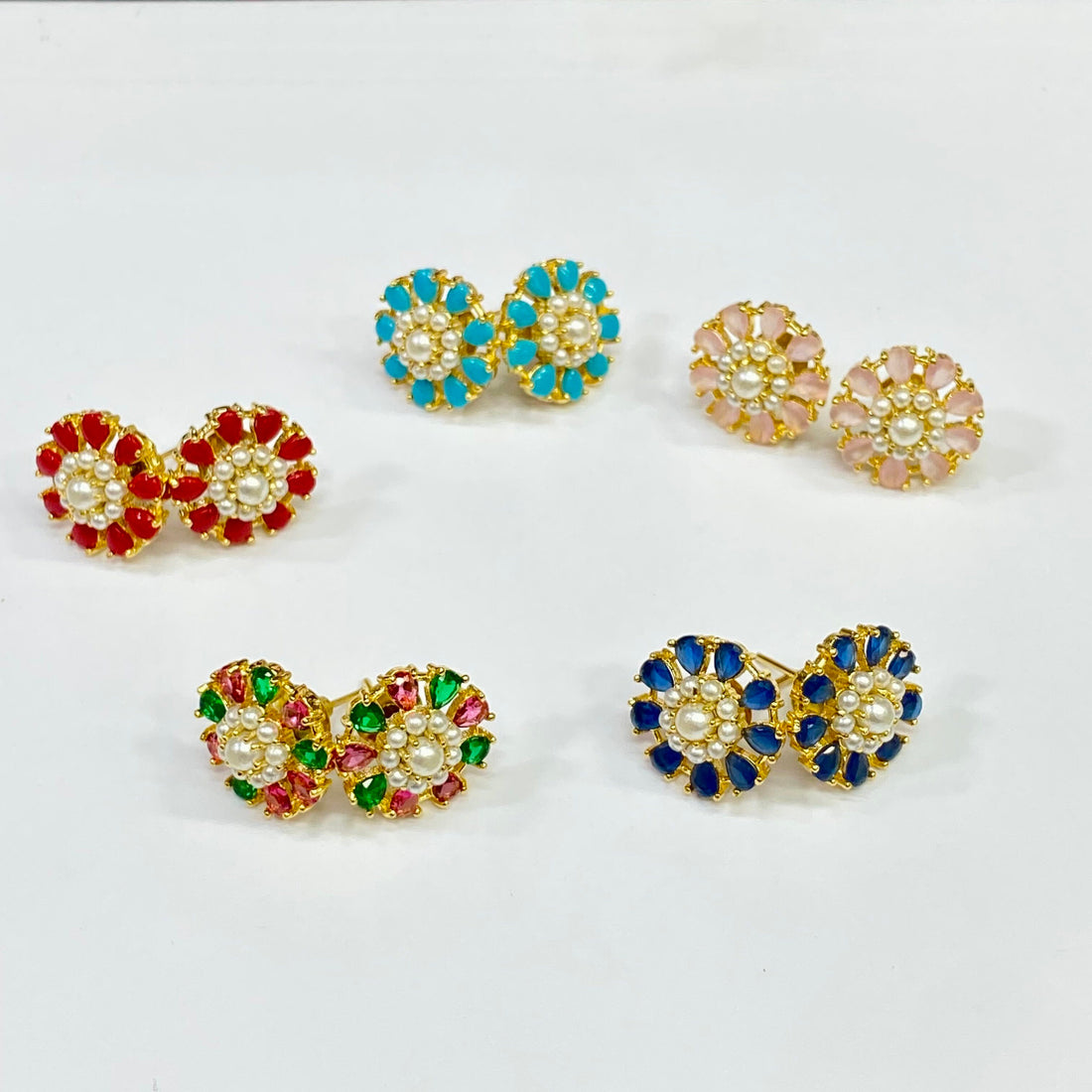 Colorful Flower Stud Earrings | Gold Plated Pearl Cluster Earrings | Handmade Statement Jewelry Gift for Her