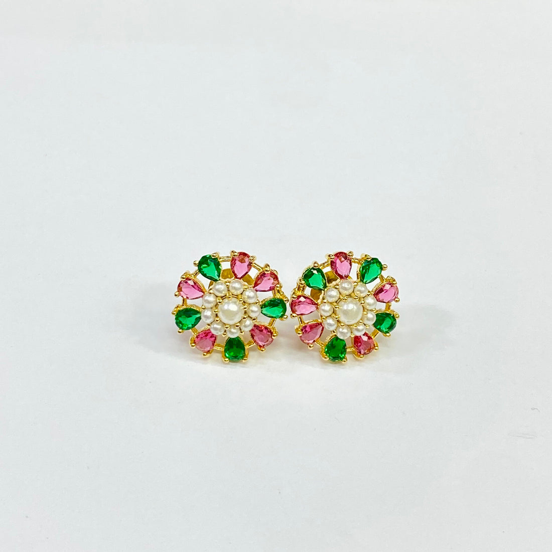 Colorful Flower Stud Earrings | Gold Plated Pearl Cluster Earrings | Handmade Statement Jewelry Gift for Her — 2