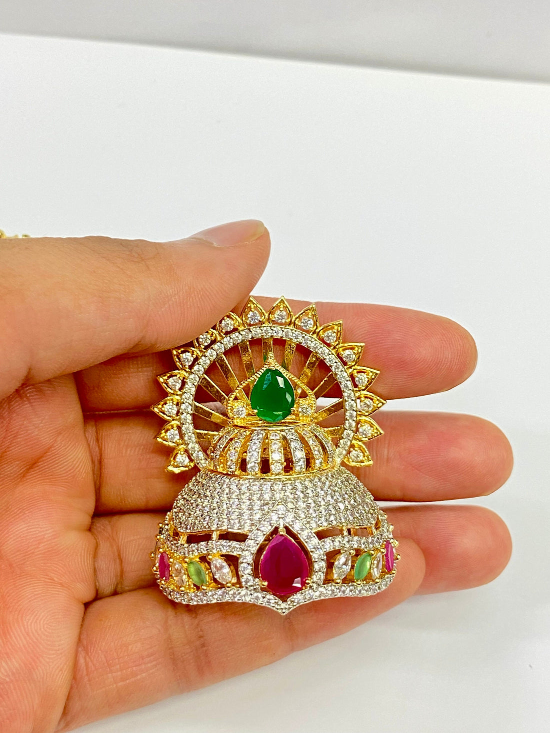 Handmade Gold Plated Krishna Mukut: CZ Ruby, Emerald & White Stones — 2