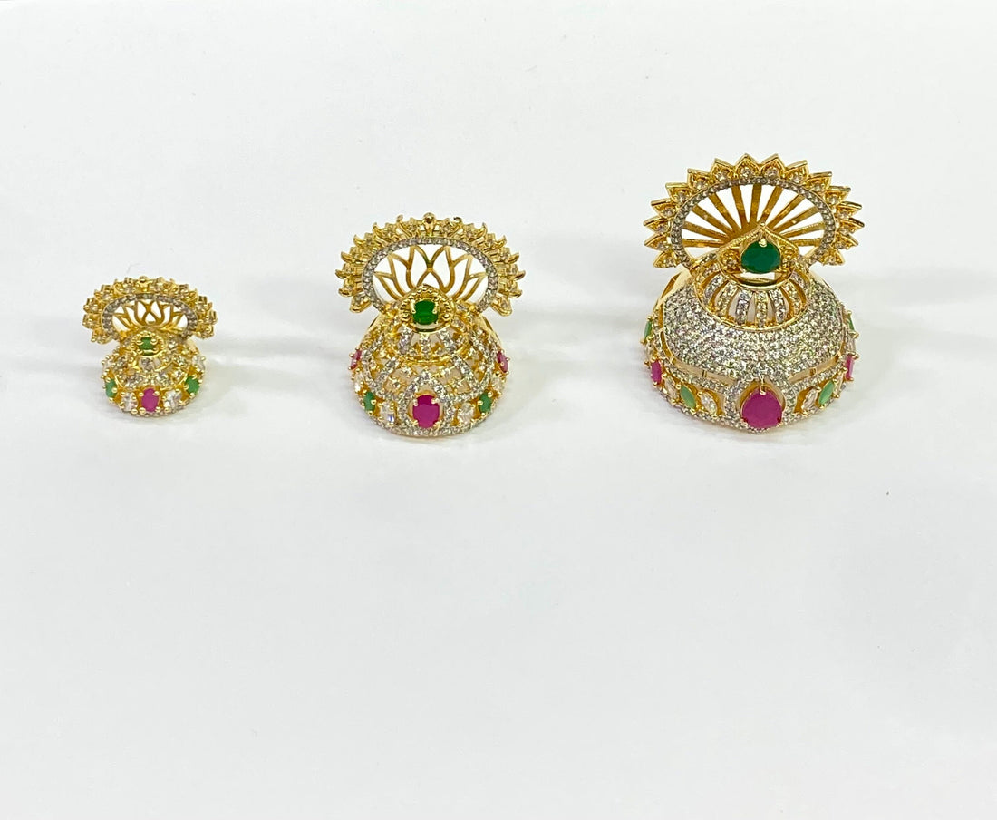 Handmade Gold Plated Krishna Mukut: CZ Ruby, Emerald & White Stones