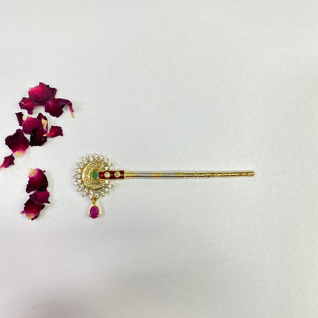 22k Gold Plated Krishna Flute CZ Stone & Peacock Design | Peacock Bansuri / flute, Krishna Murli / Bal Gopal Bansi — 4