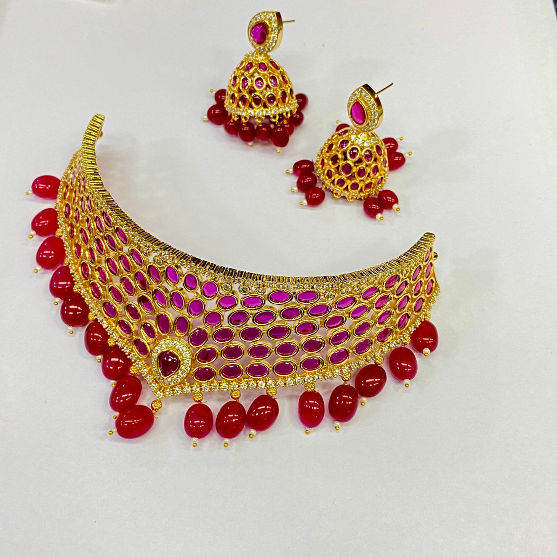 Gold Plated Ruby Choker Necklace: South Indian Bridal Jewelry Set — 4