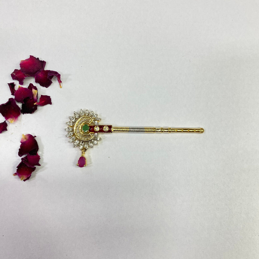 22k Gold Plated Krishna Flute CZ Stone & Peacock Design | Peacock Bansuri / flute, Krishna Murli / Bal Gopal Bansi — 5