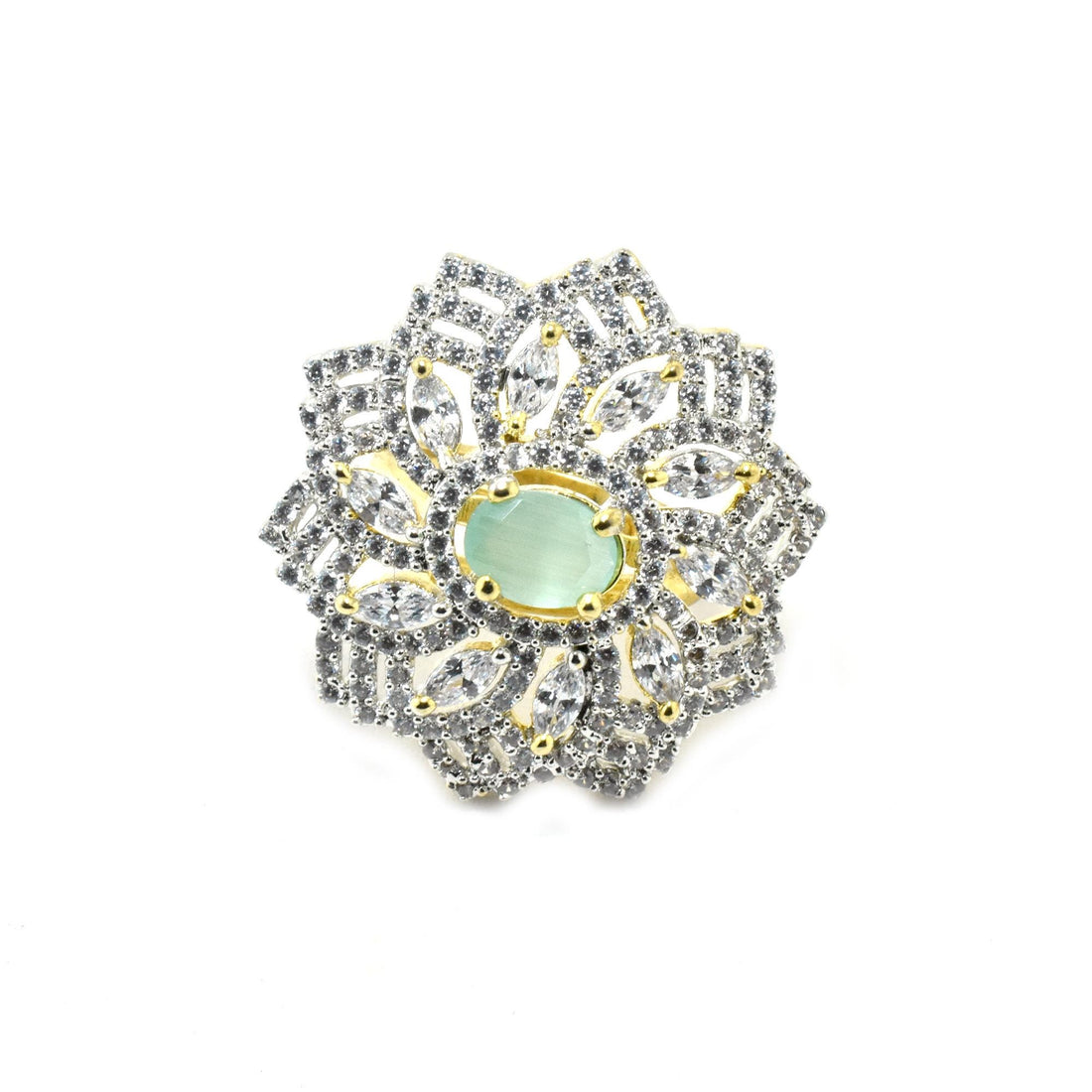 Aqua Chalcedony Ring: Gold Plated CZ Diamond Floral Ring