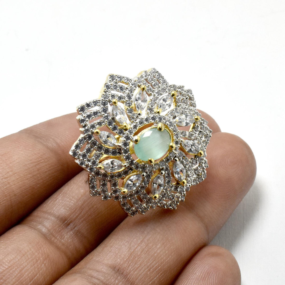 Aqua Chalcedony Ring: Gold Plated CZ Diamond Floral Ring — 8