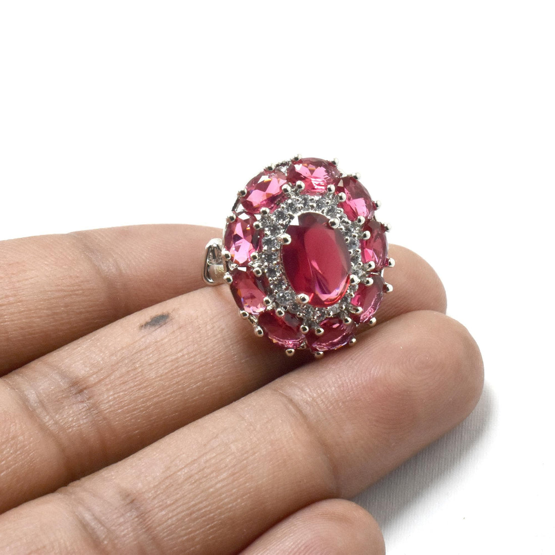 Handmade Red Garnet Ring: Oval Cut Gemstone & CZ Diamond — 5