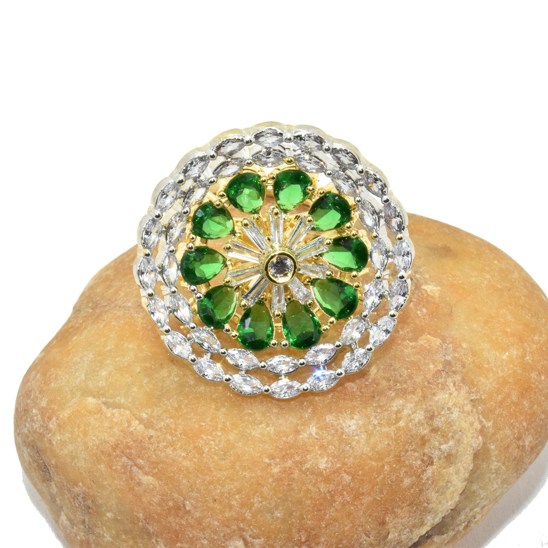 Green Tsavorite Ring | Gold Plated CZ Floral Design | Engagement Ring | Wedding Bridal Ring | Traditional Jewelry — 2