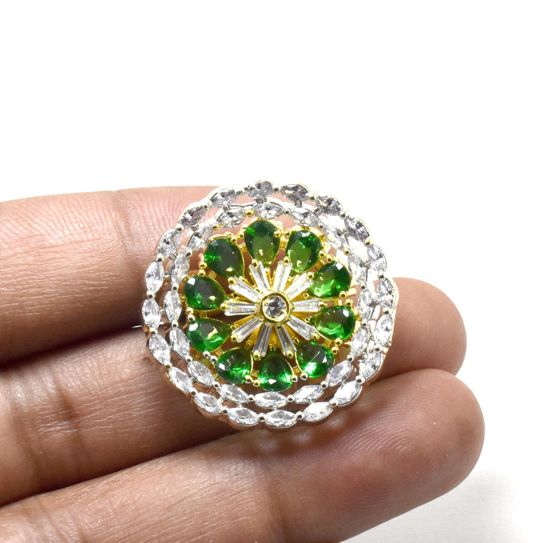 Green Tsavorite Ring | Gold Plated CZ Floral Design | Engagement Ring | Wedding Bridal Ring | Traditional Jewelry — 5