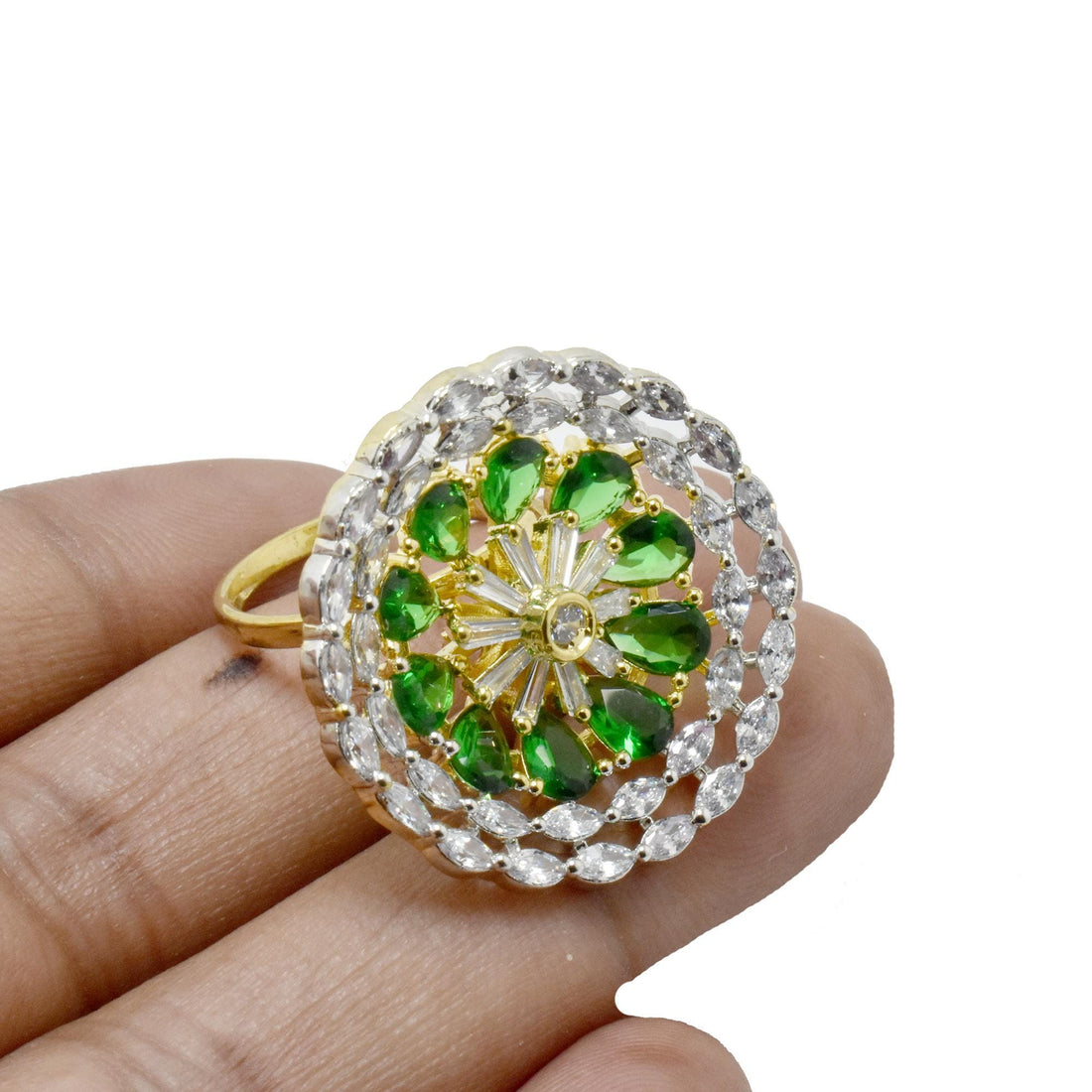 Green Tsavorite Ring | Gold Plated CZ Floral Design | Engagement Ring | Wedding Bridal Ring | Traditional Jewelry — 4