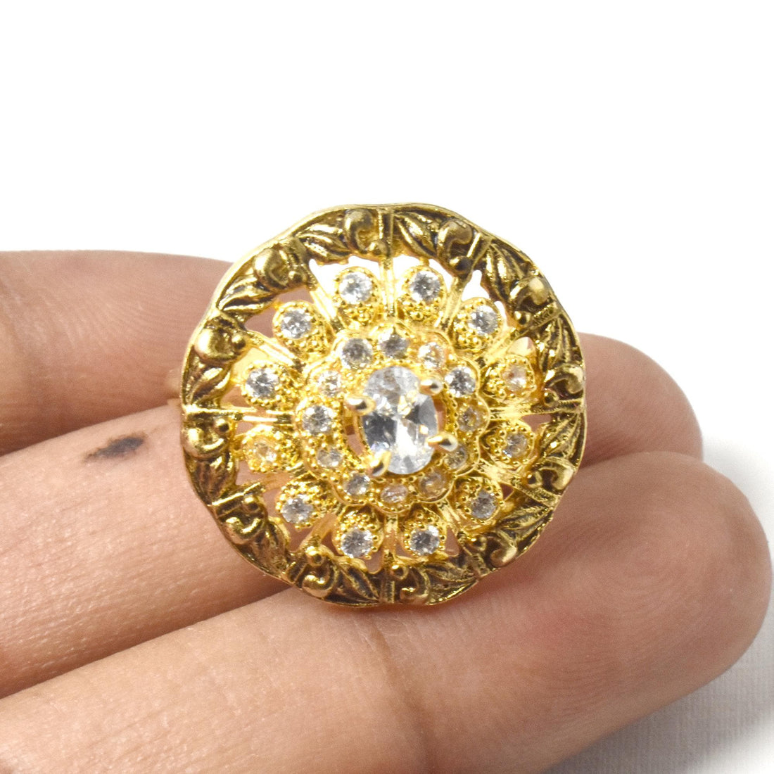 CZ Diamond Gold Plated Ring: Adjustable Floral Design — 5