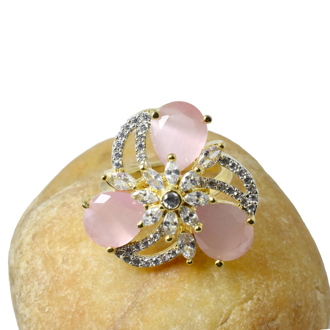 Rose Quartz Ring: Gold Plated Pear Stone & CZ Diamond — 7