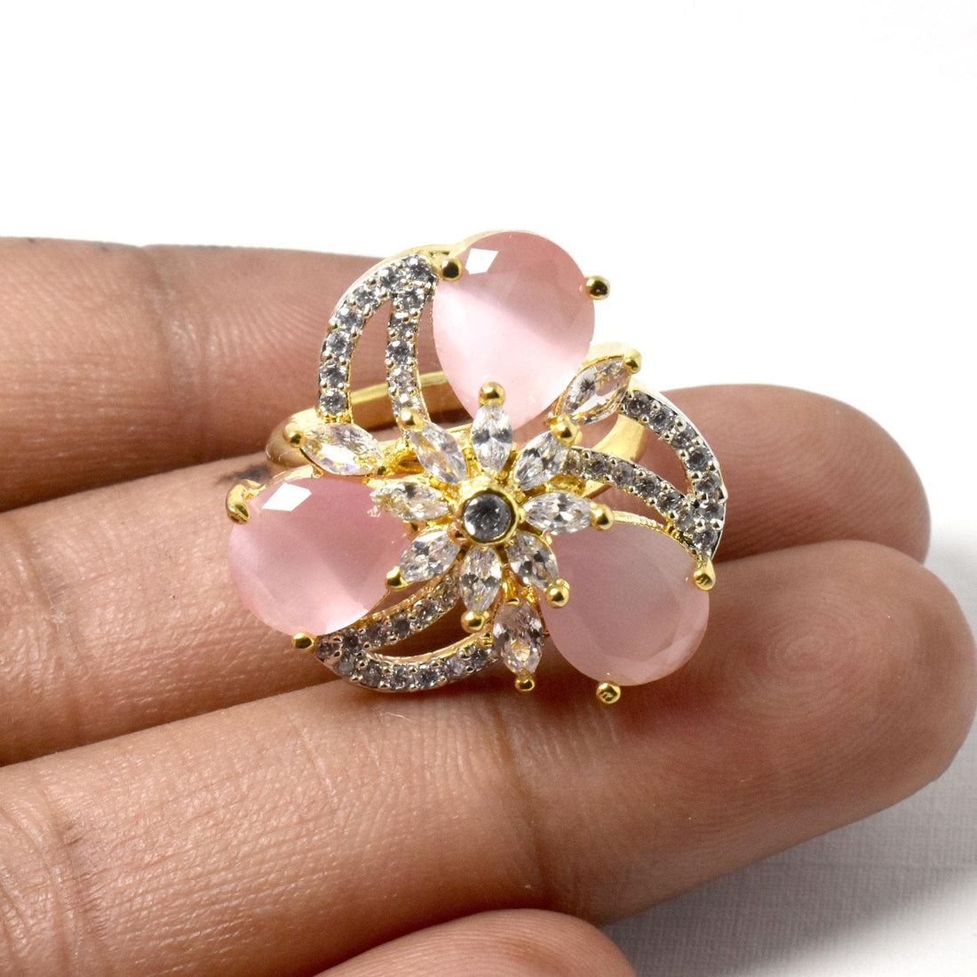 Rose Quartz Ring: Gold Plated Pear Stone & CZ Diamond — 5