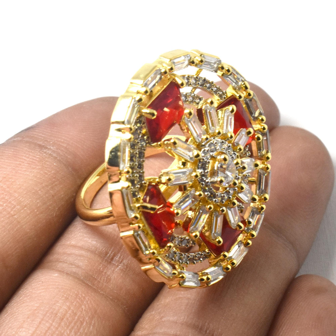 Ruby Cut & CZ Diamond Ring: 22k Gold Plated Adjustable Statement Ring — 4