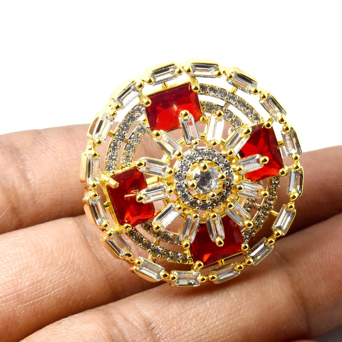 Ruby Cut & CZ Diamond Ring: 22k Gold Plated Adjustable Statement Ring