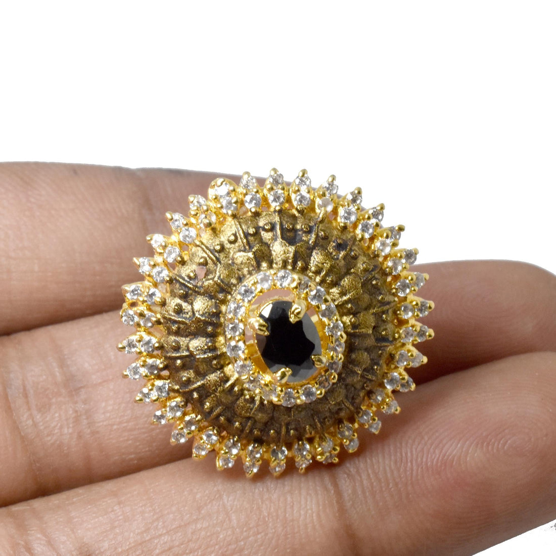 Black Onyx & CZ Ring: Gold Plated Adjustable Ring — 4