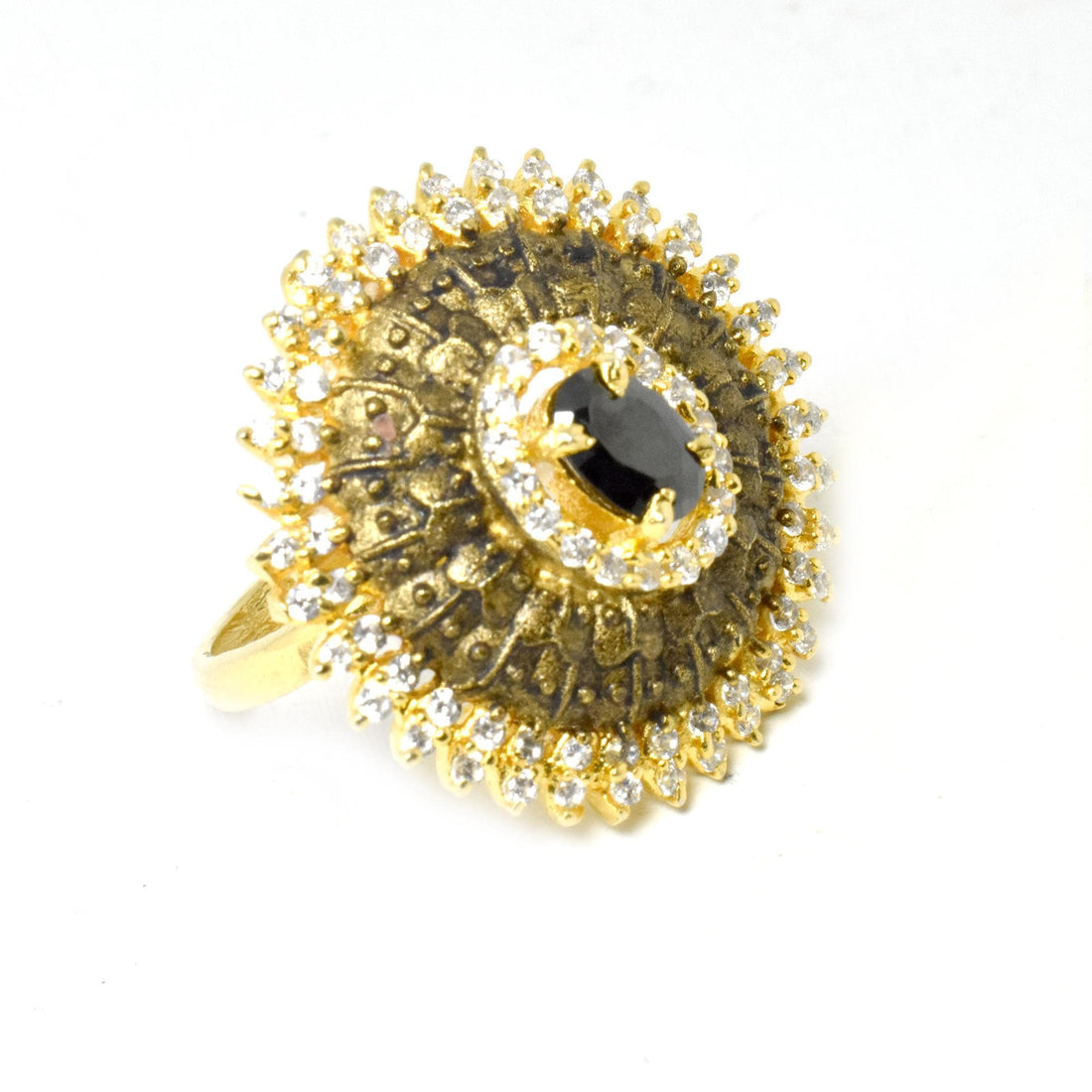 Black Onyx & CZ Ring: Gold Plated Adjustable Ring — 8