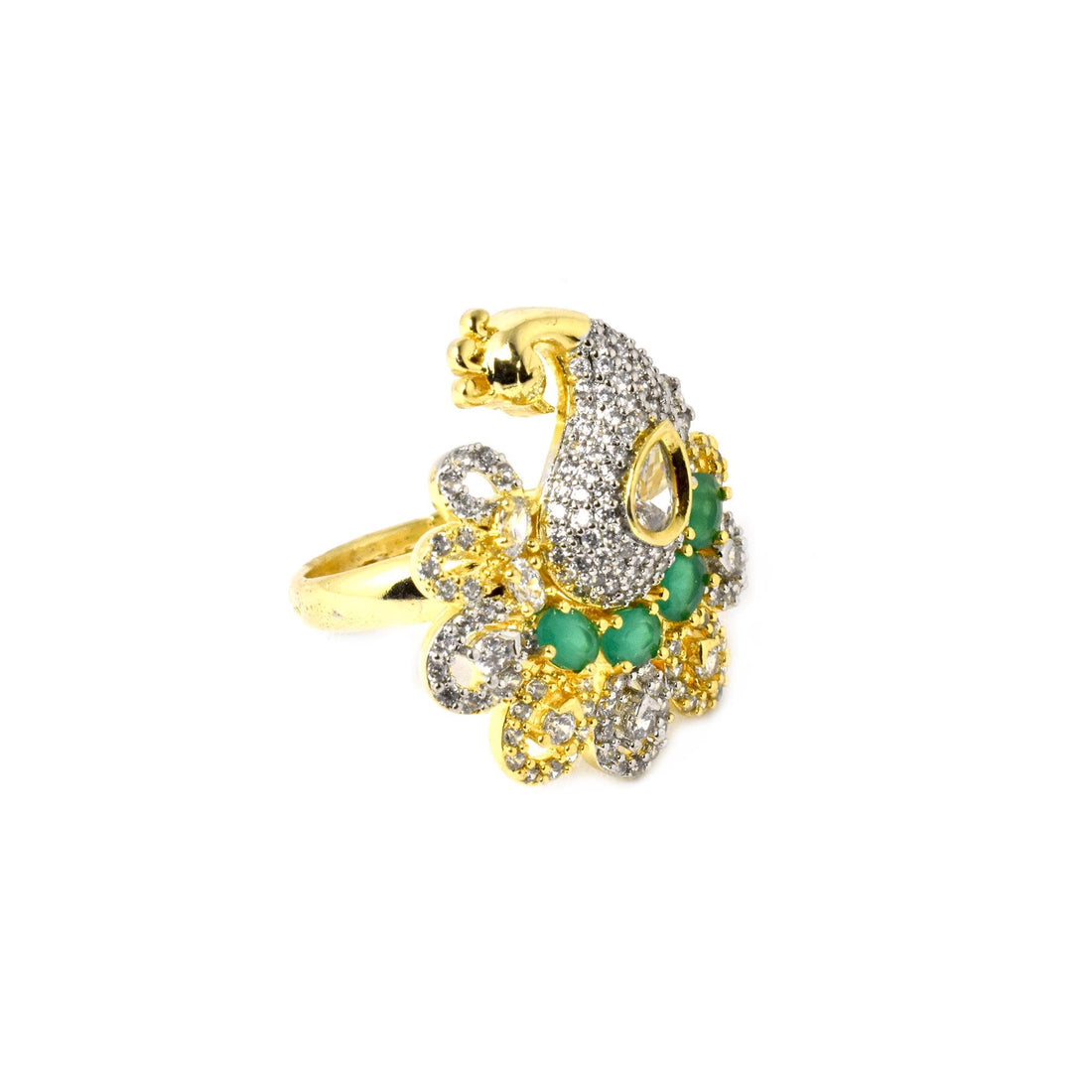 Emerald CZ Diamond Peacock Ring: 22k Gold Plated Kundan Jewelry — 2