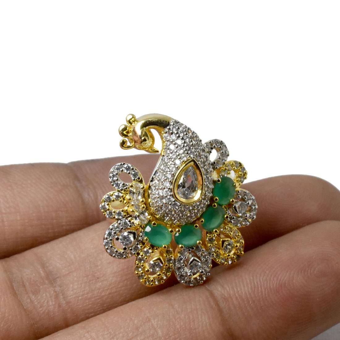 Emerald CZ Diamond Peacock Ring: 22k Gold Plated Kundan Jewelry — 3
