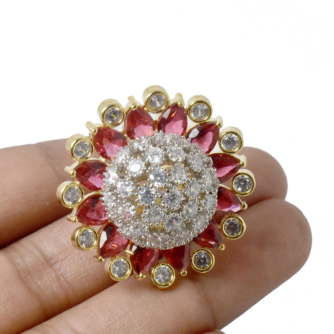Ruby & CZ Diamond Ring: 22k Gold Plated Cocktail Statement Ring — 3