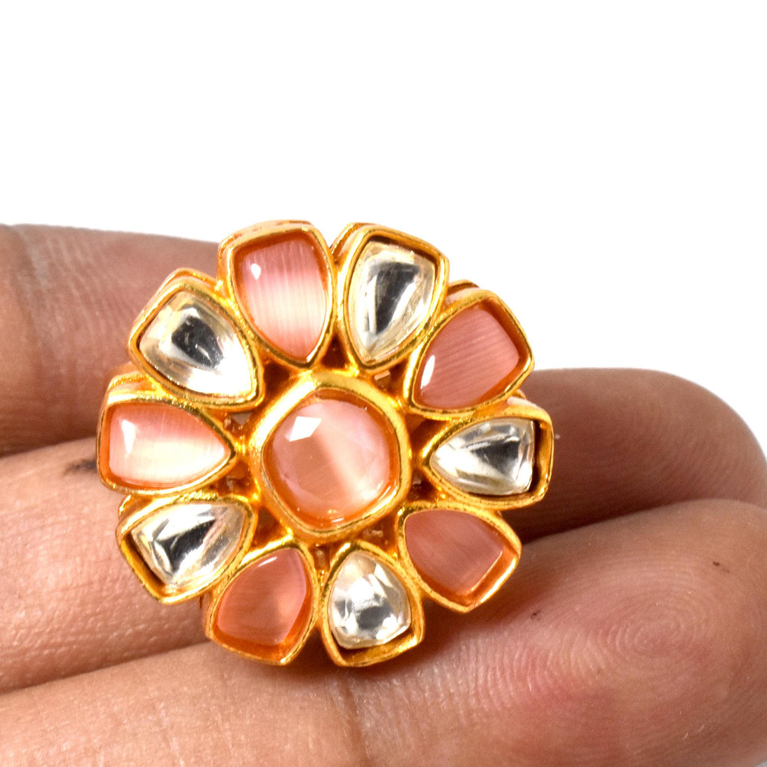 Gold Plated Floral Kundan Ring: Adjustable Multi Stone Statement Ring | Gift For Her — 5