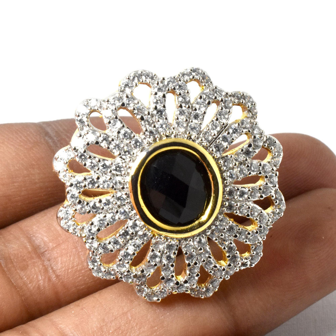 Black Onyx CZ Diamond Adjustable Ring | Gold Plated Ring | Cocktail Ring | Bridal Ring | Wedding Ring | Engagement Ring | Gift for Her — 4