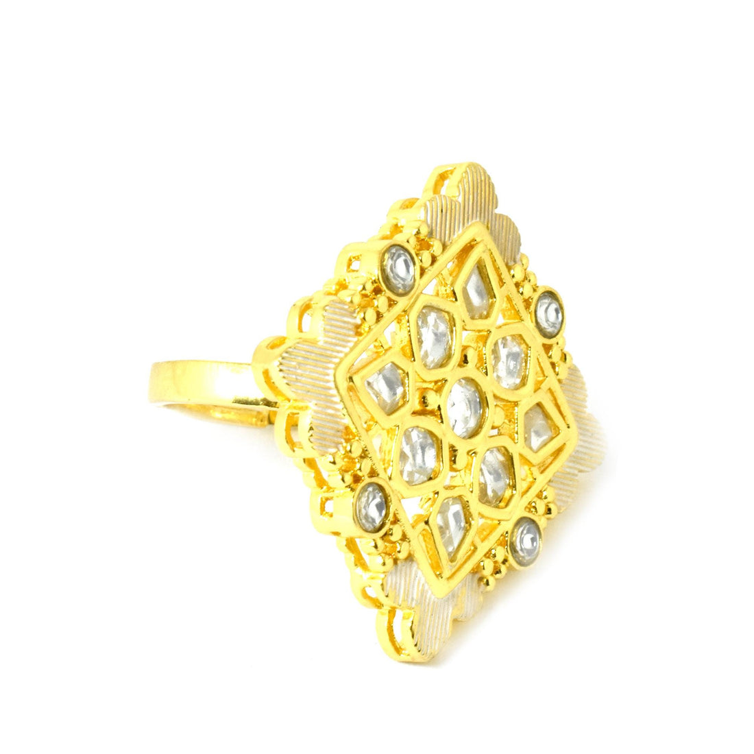 Polki CZ Diamond Ring: 22k Gold Plated Adjustable Statement Ring — 2