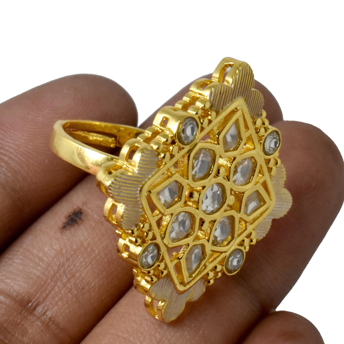 Polki CZ Diamond Ring: 22k Gold Plated Adjustable Statement Ring — 5