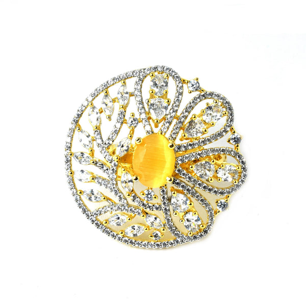 Yellow Chalcedony & CZ Diamond Ring: 22k Gold Plated, Adjustable