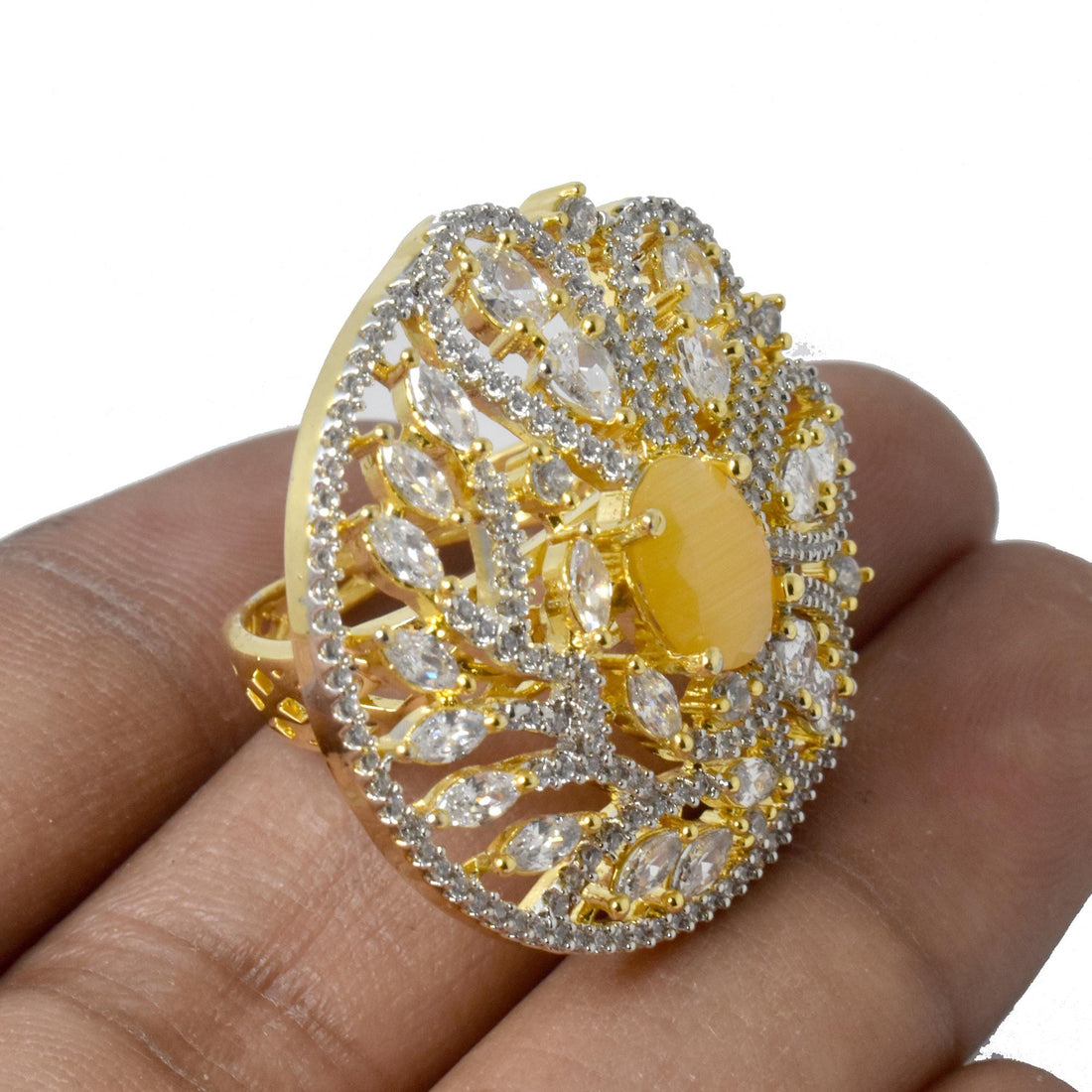 Yellow Chalcedony & CZ Diamond Ring: 22k Gold Plated, Adjustable — 5