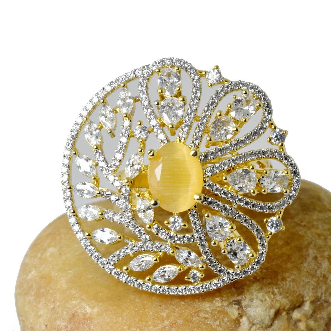 Yellow Chalcedony & CZ Diamond Ring: 22k Gold Plated, Adjustable — 6