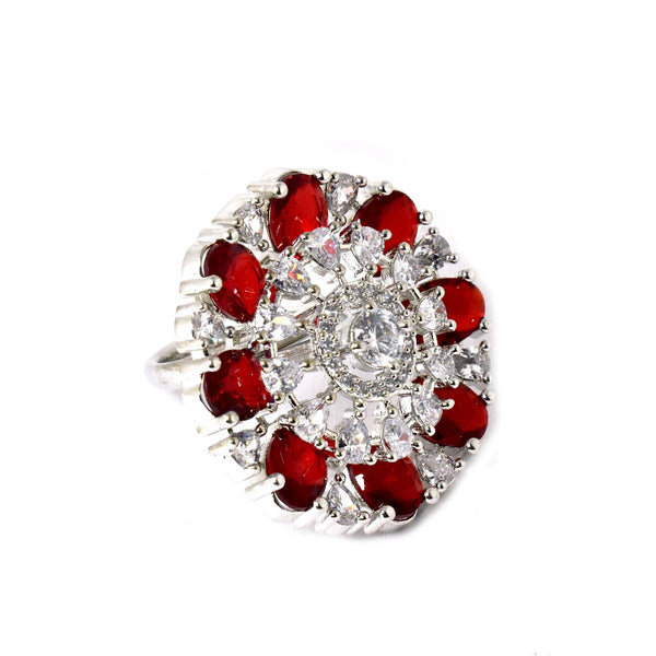 Ruby & CZ Diamond Ring: White Plated Cocktail Statement Ring