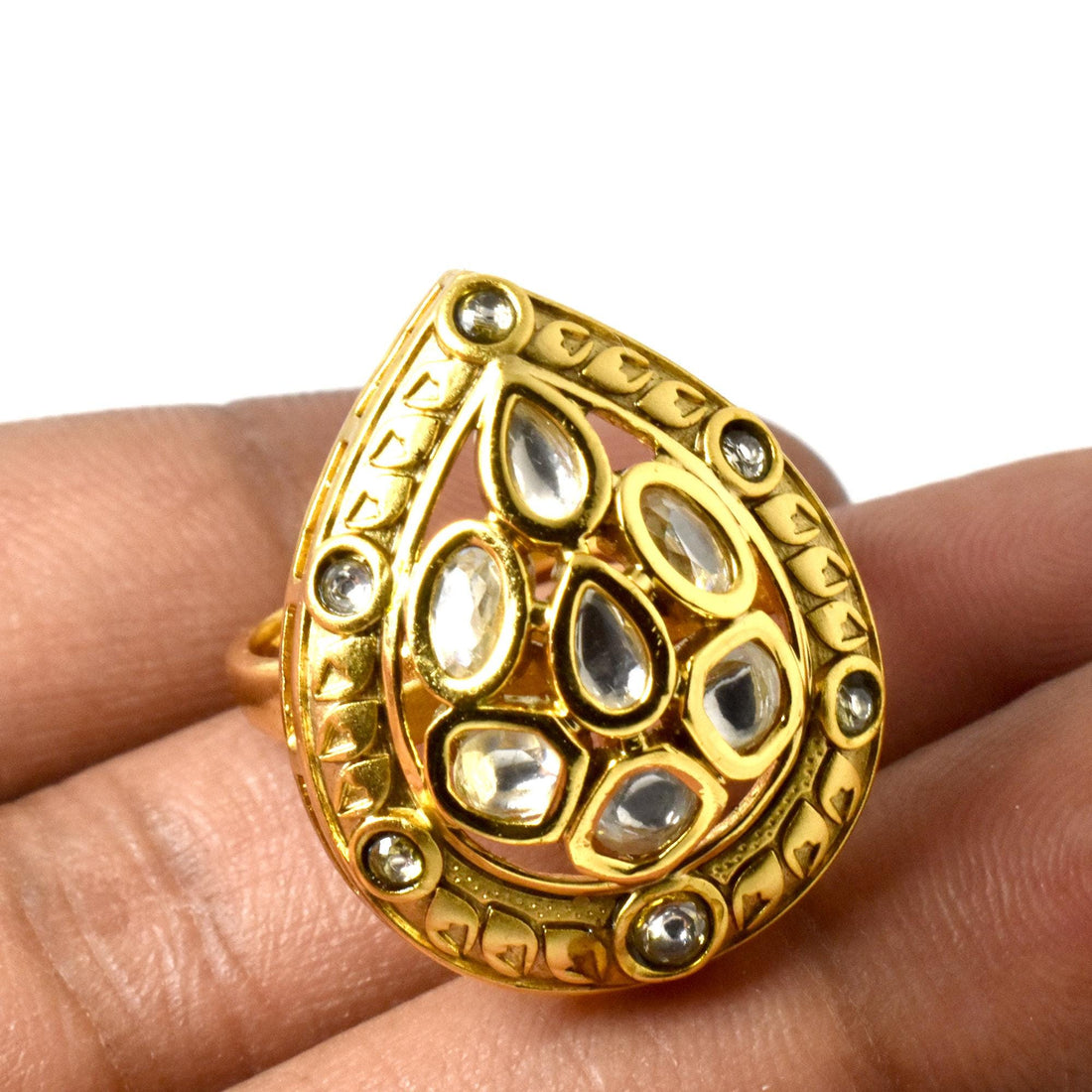 Polki CZ Diamond Ring: Yellow Gold Plated Cocktail Ring — 6