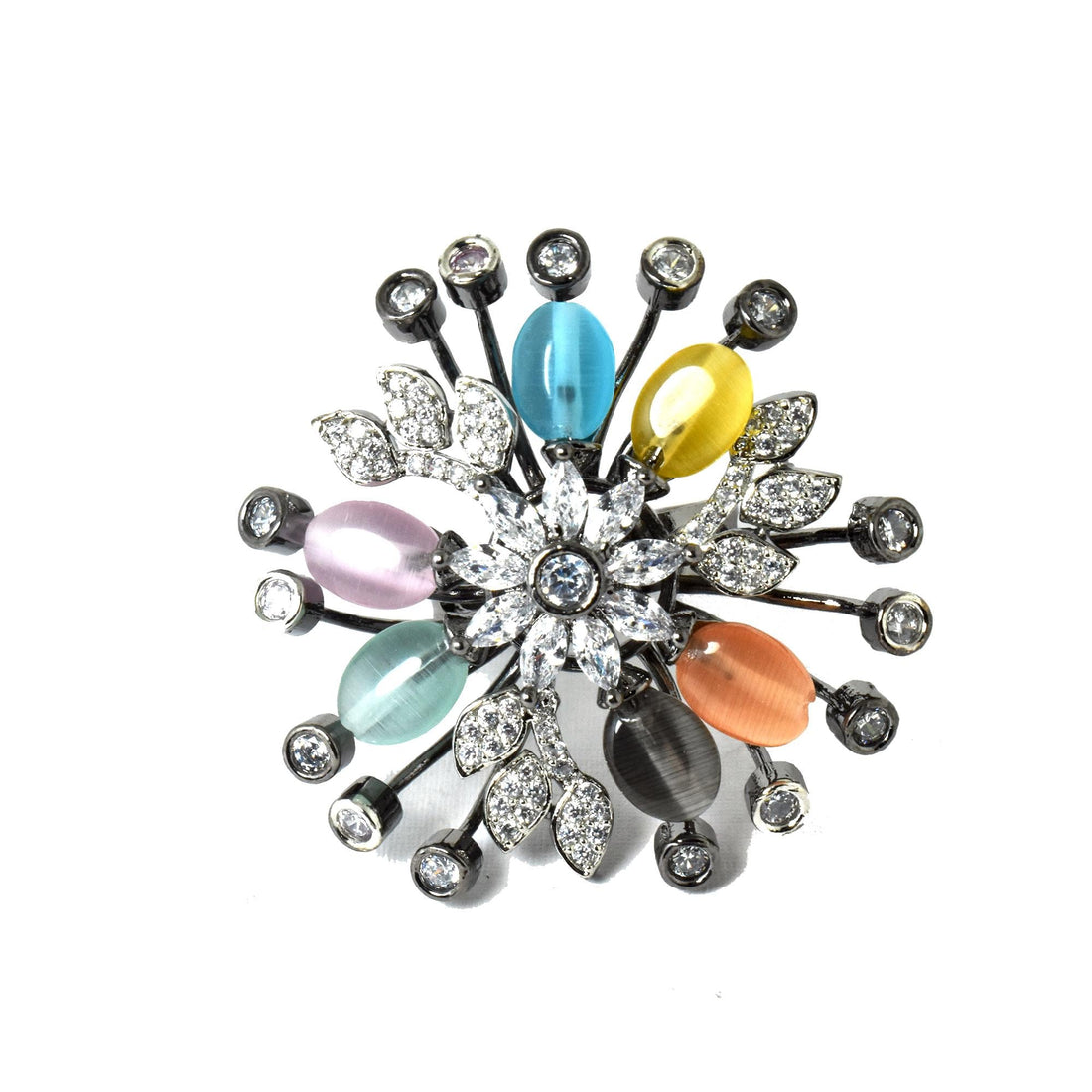 Floral Cat's Eye Stone Cocktail Ring: Adjustable Crystal Statement Jewelry